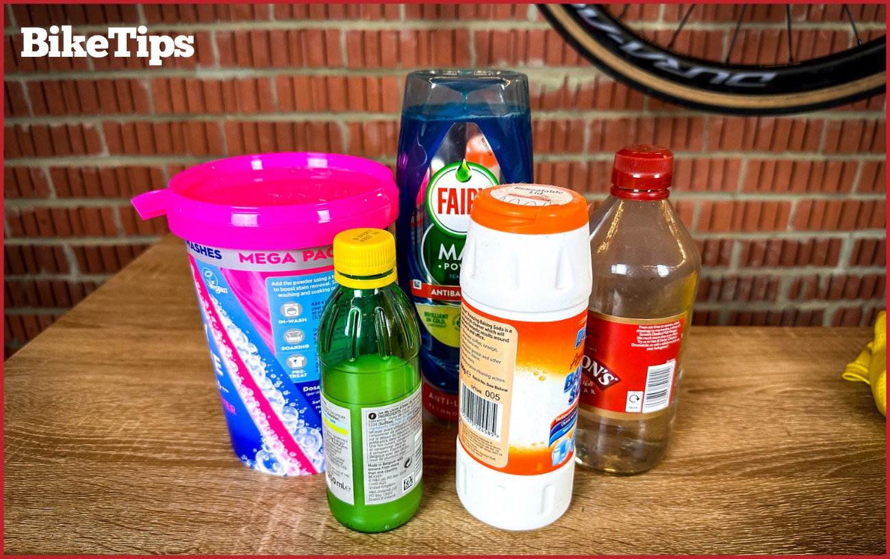 Baking soda, Dishwashing liquid, white vinegar, lemon juice, and stain cleaner.