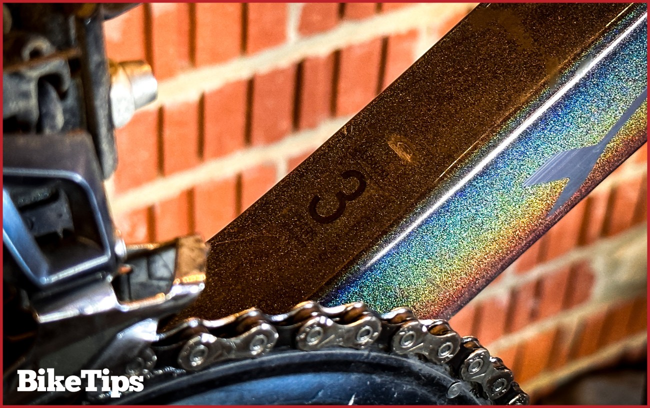 The sizing number on a road bike down tube.