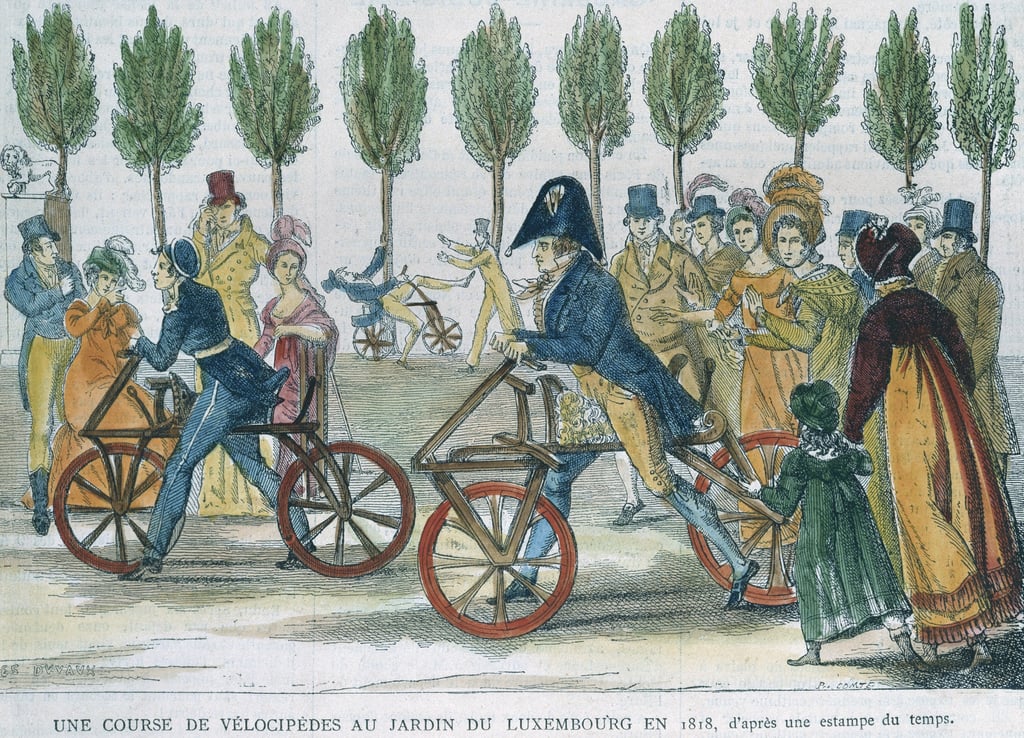 A Velocipede Race at Jardin du Luxembourg in 1818 by Jules Duvaux.