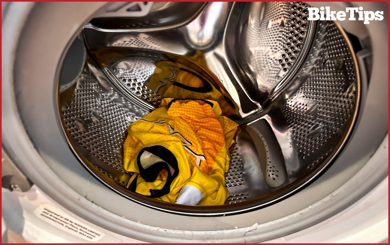 A bike jersey in a washing machine.