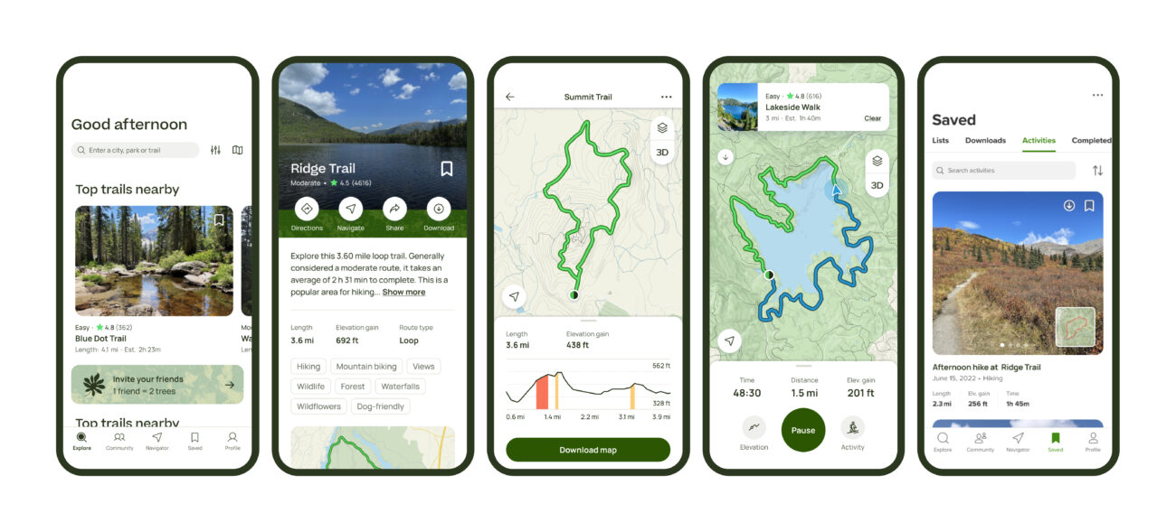 AllTrails app screenshots showing different functions.