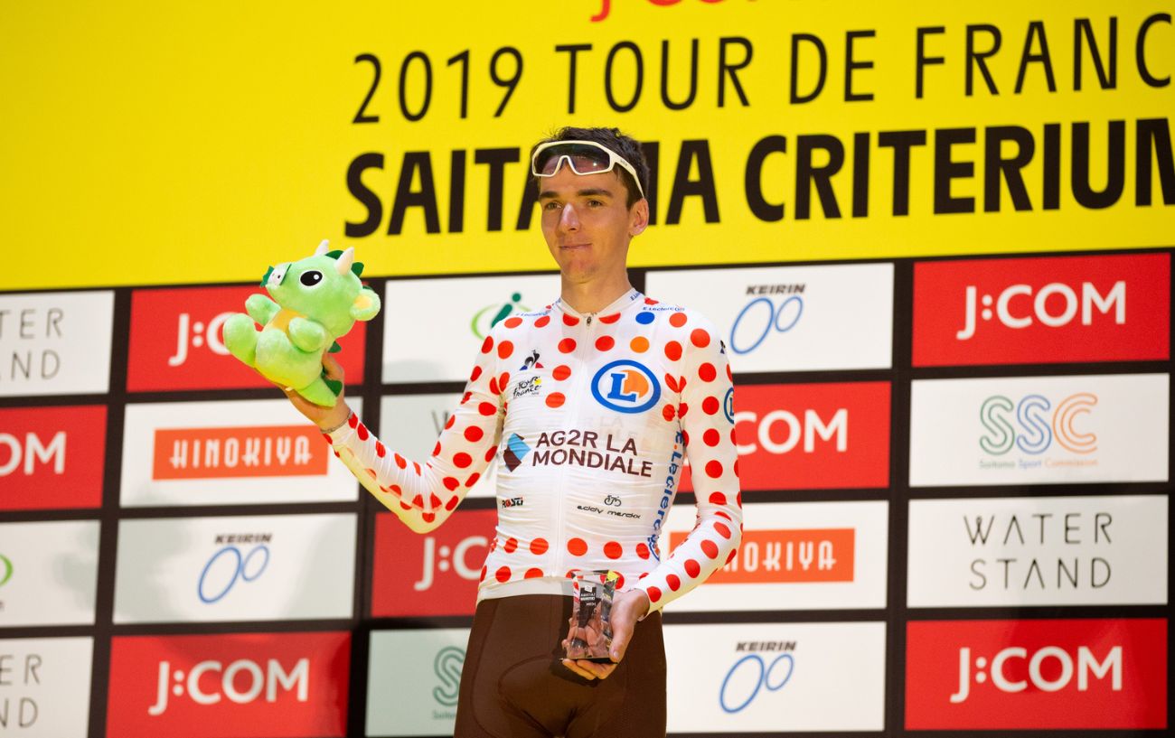 Romain Bardet in the polka-dot "King of the Mountains" jersey at the 2019 Tour de France.