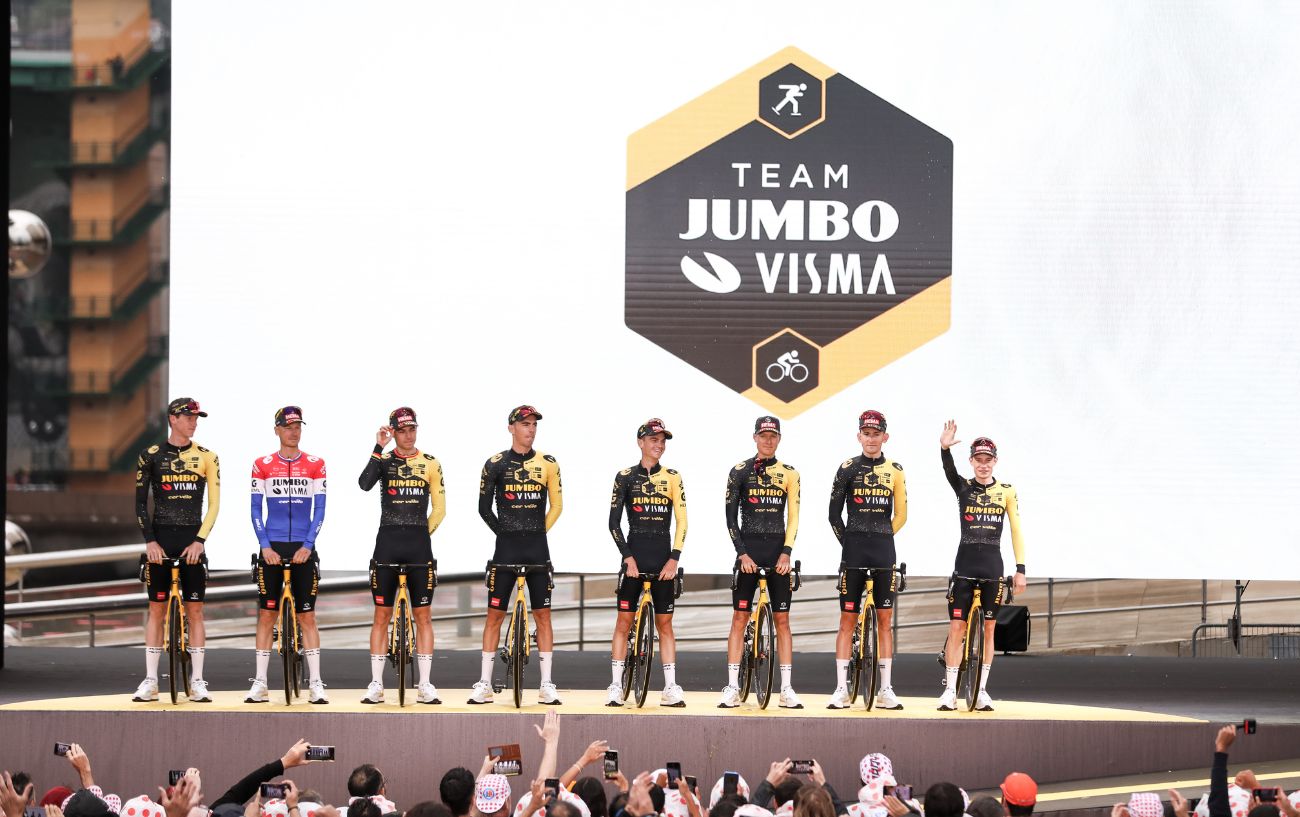 Team Jumbo-Visma line up at the 2023 Tour de France Team Presentation.
