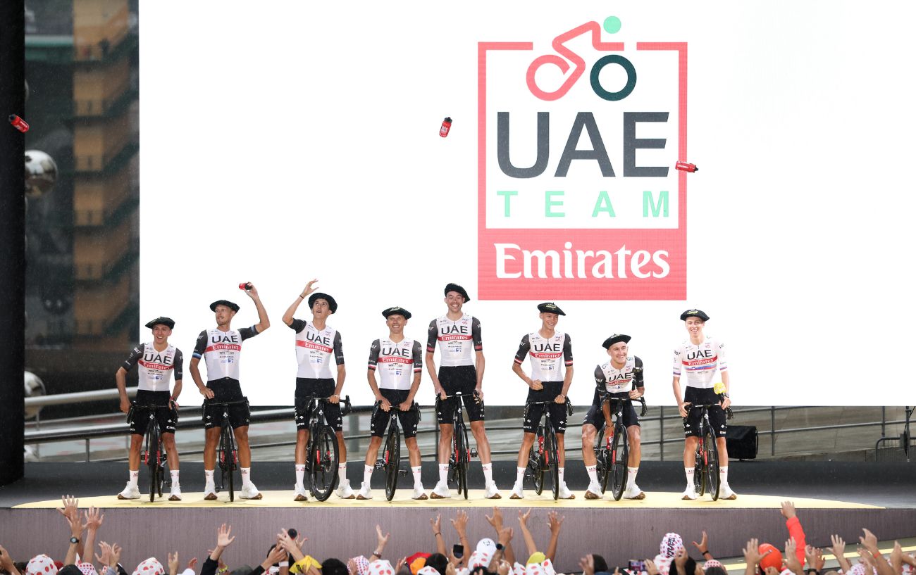 UAE Team Emirates line up at the 2023 Tour de France Team Presentation.
