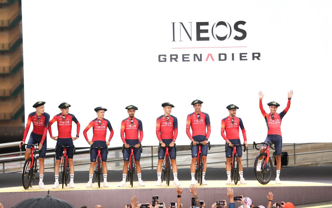 Ineos Grenadiers line up at the 2023 Tour de France Team Presentation.