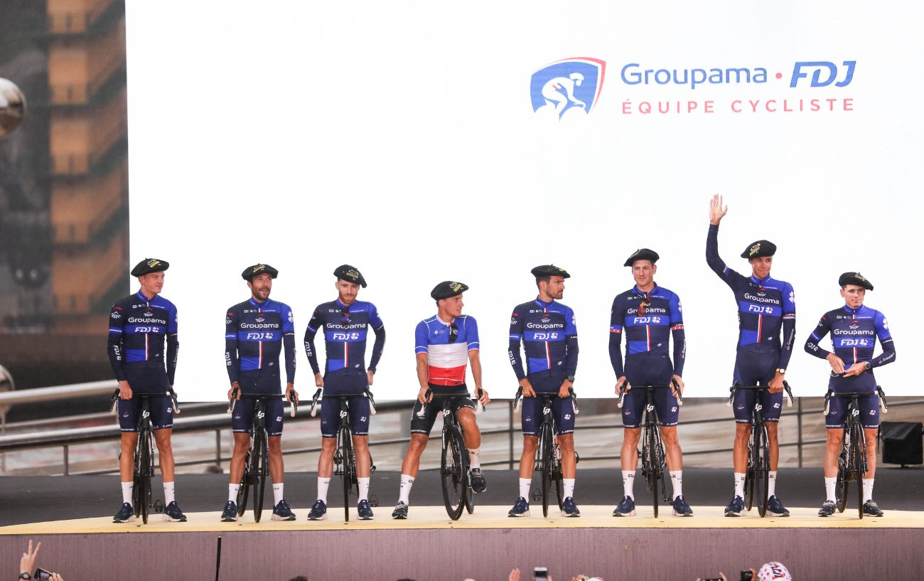 Groupama-FDJ line up at the 2023 Tour de France Team Presentation.