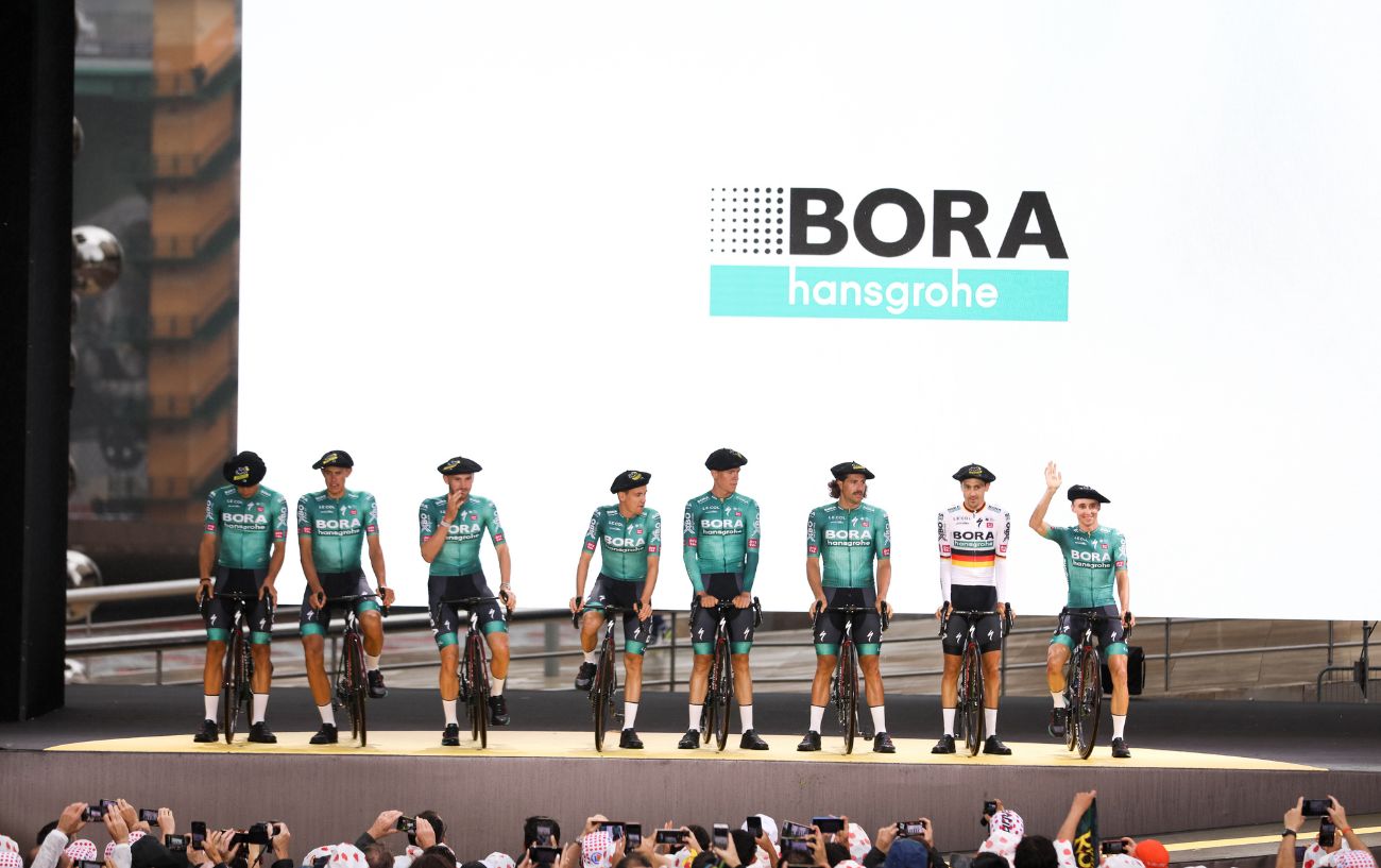 Team BORA-hansgrohe line up at the 2023 Tour de France Team Presentation.