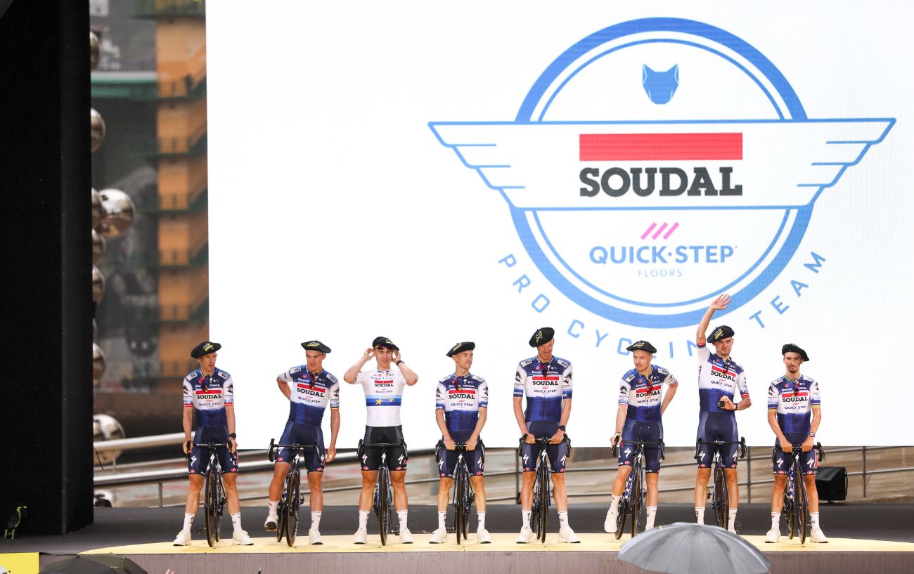 Soudal-QuickStep line up at the 2023 Tour de France Team Presentation.