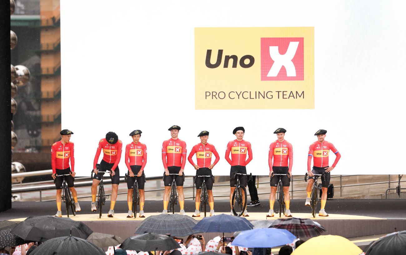 Uno-X line up at the 2023 Tour de France Team Presentation.