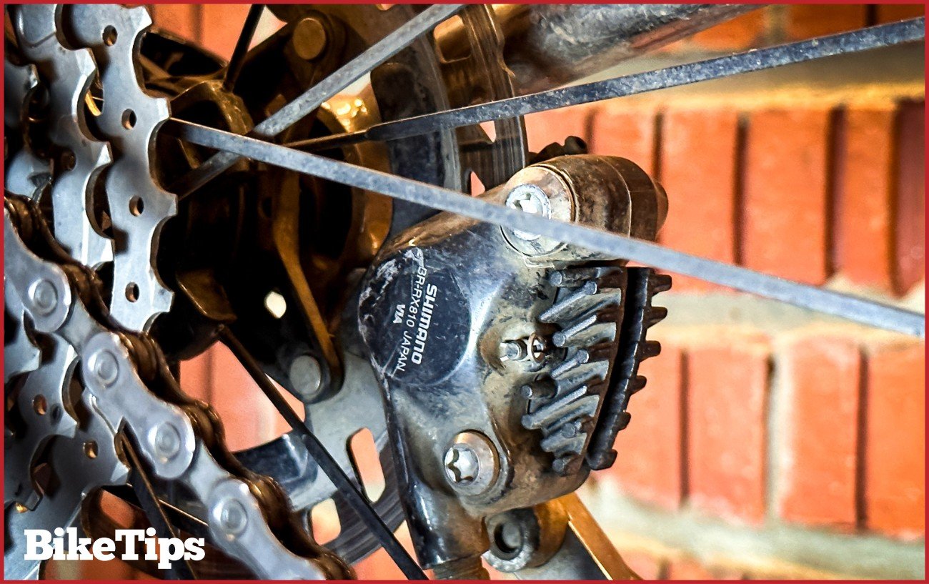 A close up of a hydraulic disc brake caliper.