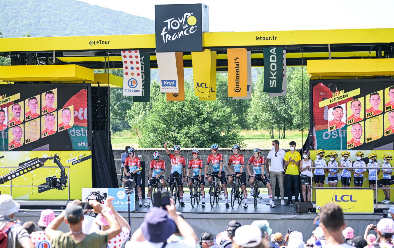 The team presentation before the start of a Tour de France stage.