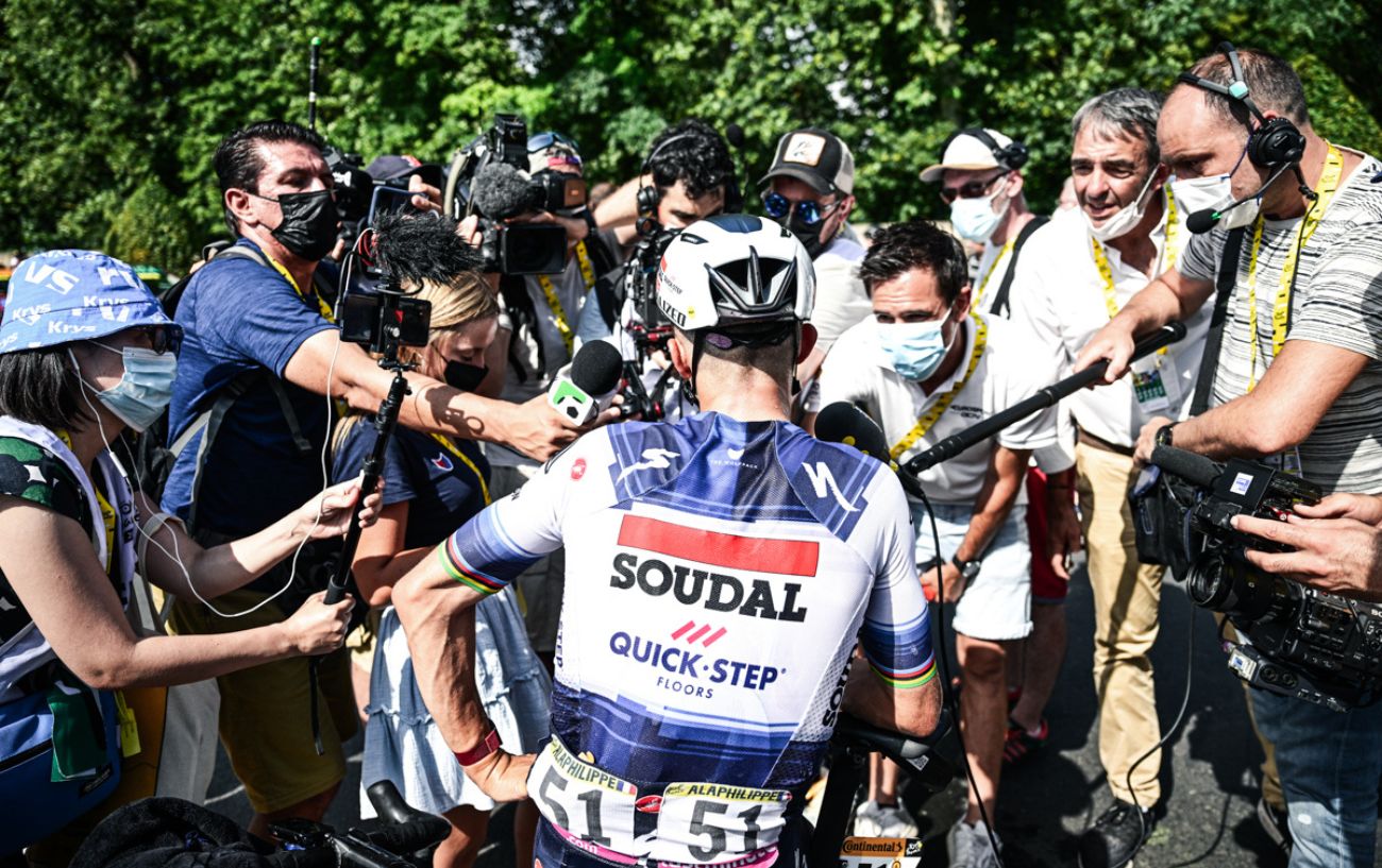 Julian Alaphilippe talks to the press following a Tour de France stage.