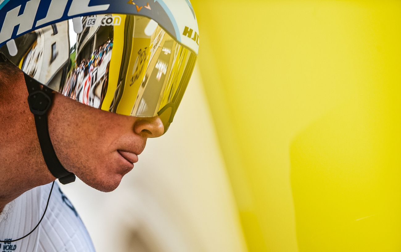Chris Froome prepares for the start of a Tour de France time trial.
