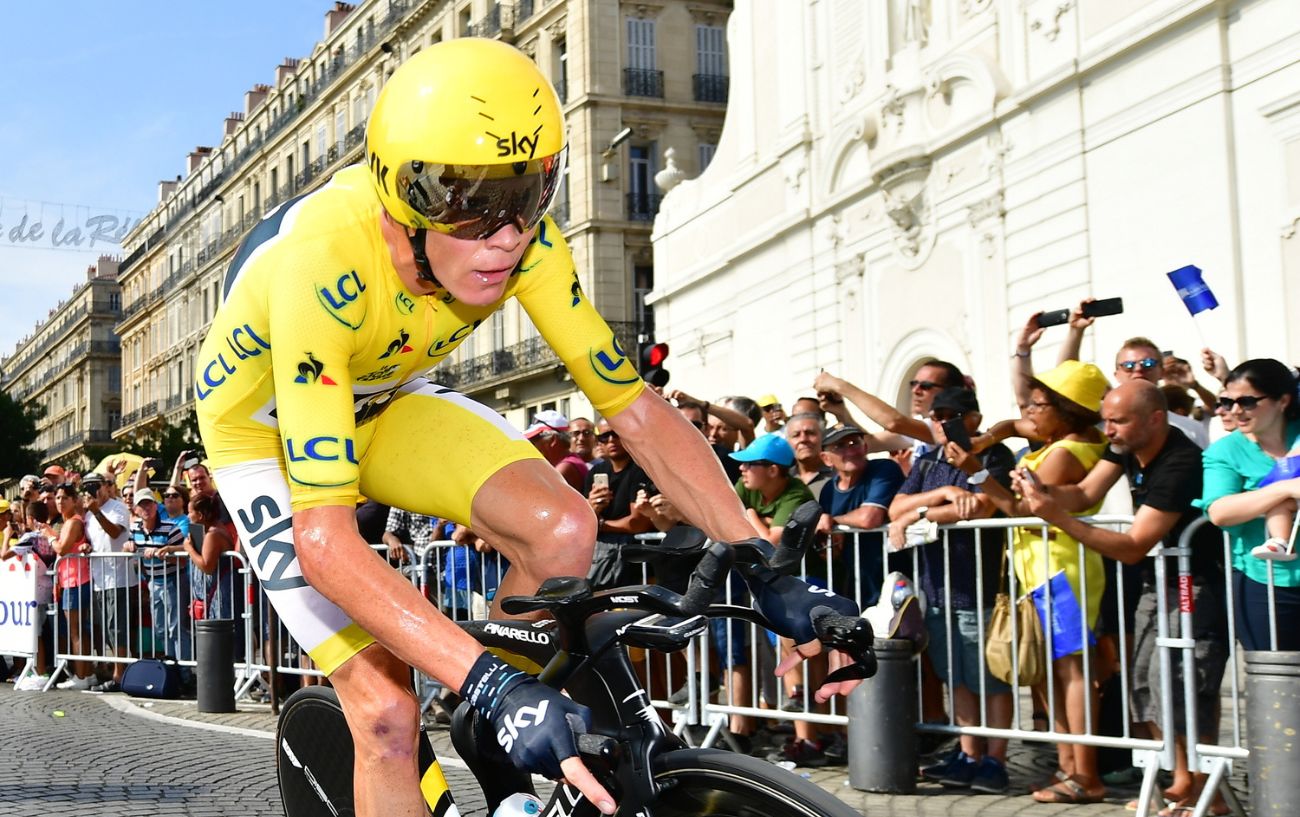 Chris Froome in the yellow jersey in Paris at the 2018 Tour de France.