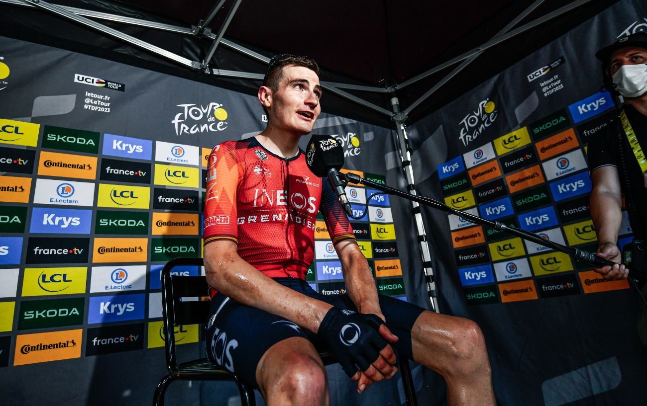 Carlos Rodriguez speaks to the press after winning Stage 14 of the Tour de France 2023.