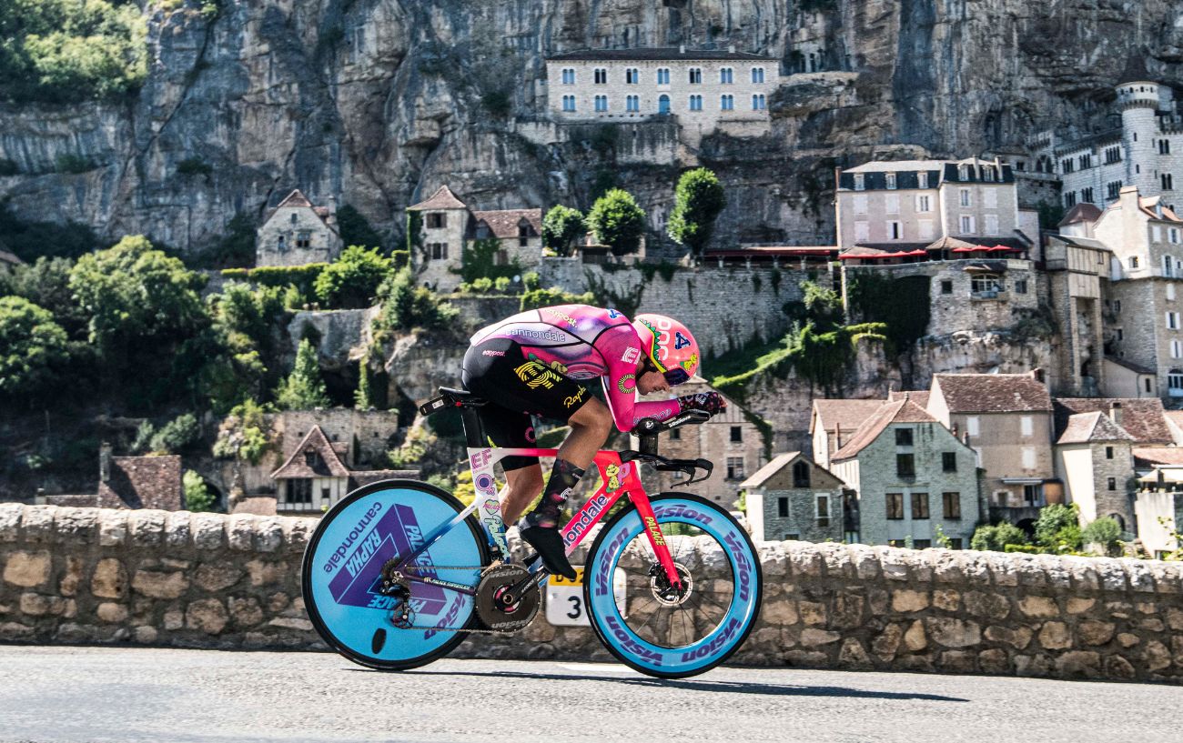 A Tour de France rider in an aerodynamic position on a time trial stage.
