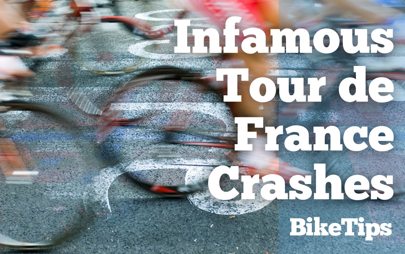 A tarmac road on the Tour de france has blurred cyclists cycling along it with the title "Infamous Tour de France crashes."