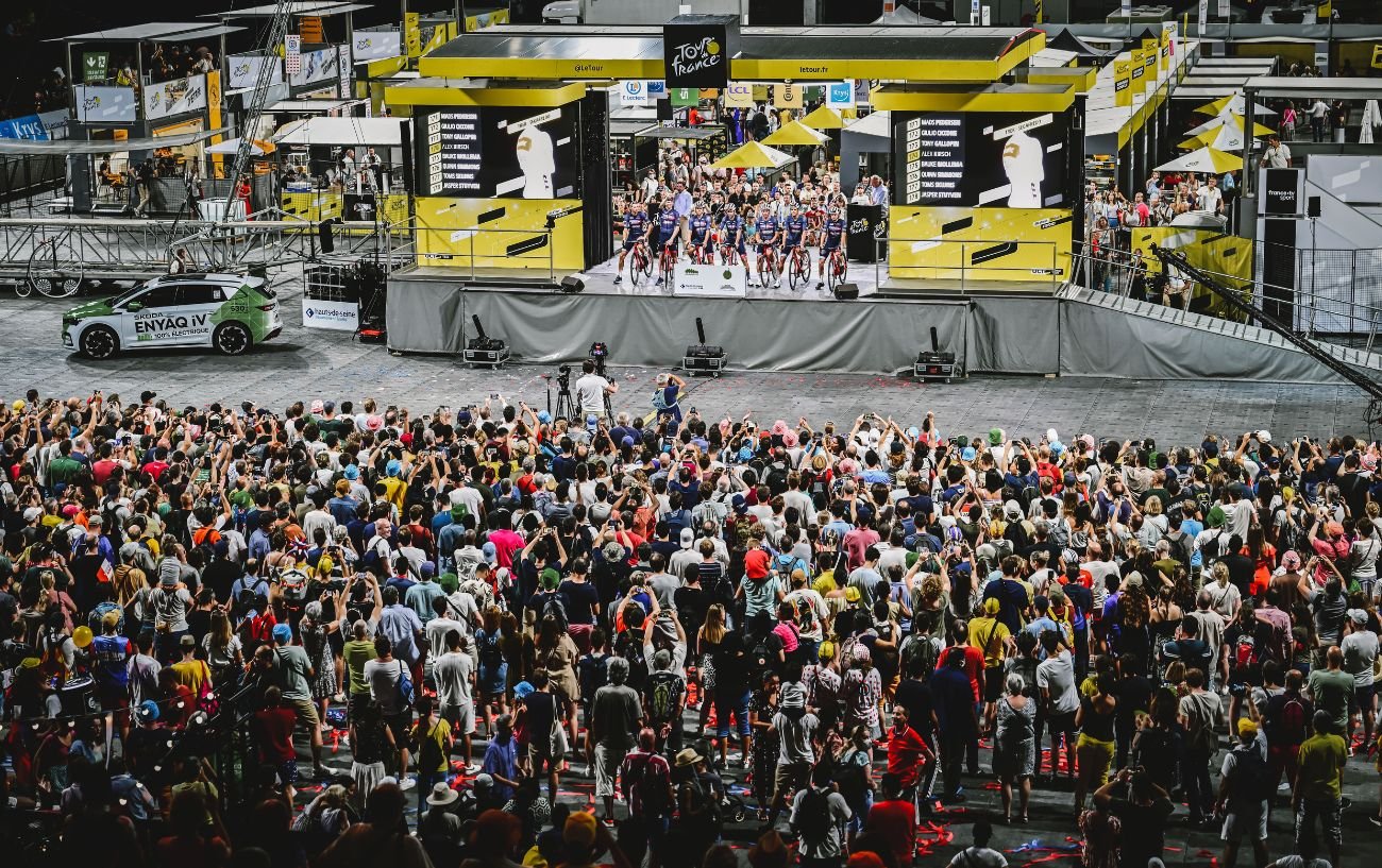 The Tour de France logistics press event before the final stage.