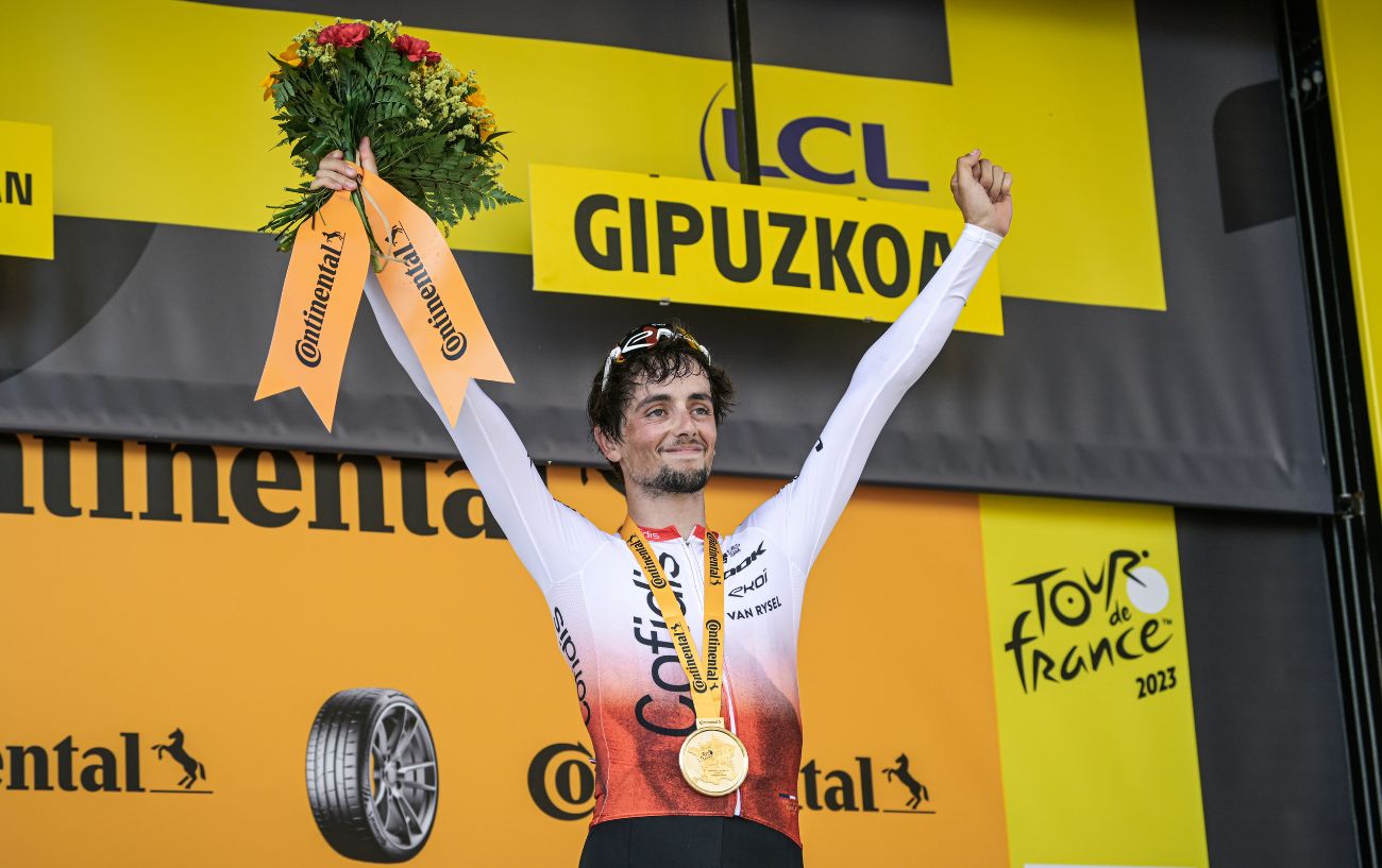 Victor Lafay celebrates on the podium after winning Stage 2 of the 2023 Tour de France.