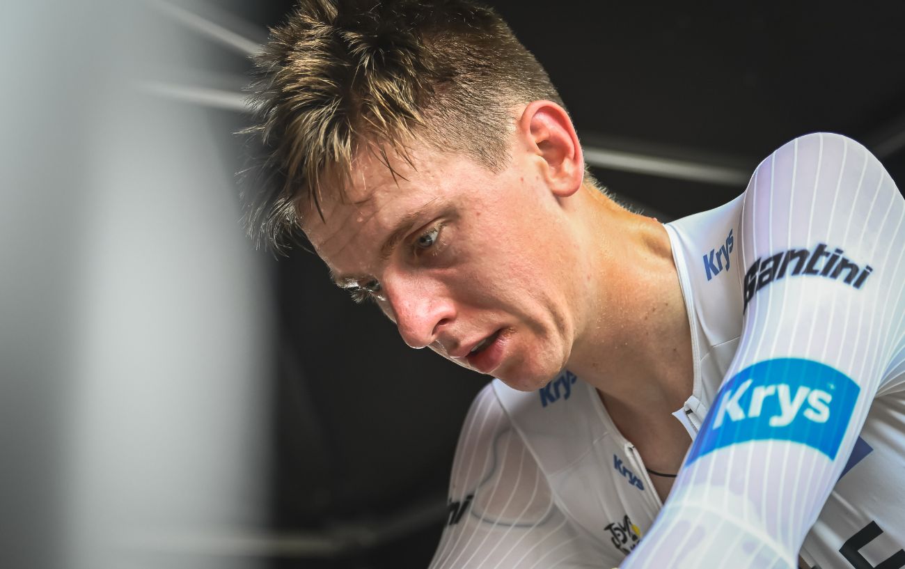 Tadej Pogacar looks shell-shocked following his defeat to Jonas Vingegaard on Stage 16 of the 2023 Tour de France.