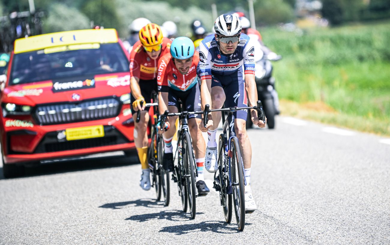 The three breakaway riders early on Stage 18 of the 2023 Tour de France.