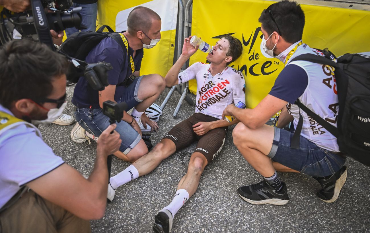 Felix Gall recovers after the finish line at the Tour de France.