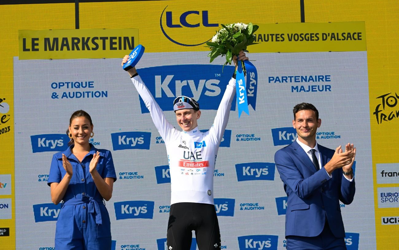 Tadej Pogacar celebrates his victory on Stage 20 of the 2023 Tour de France.