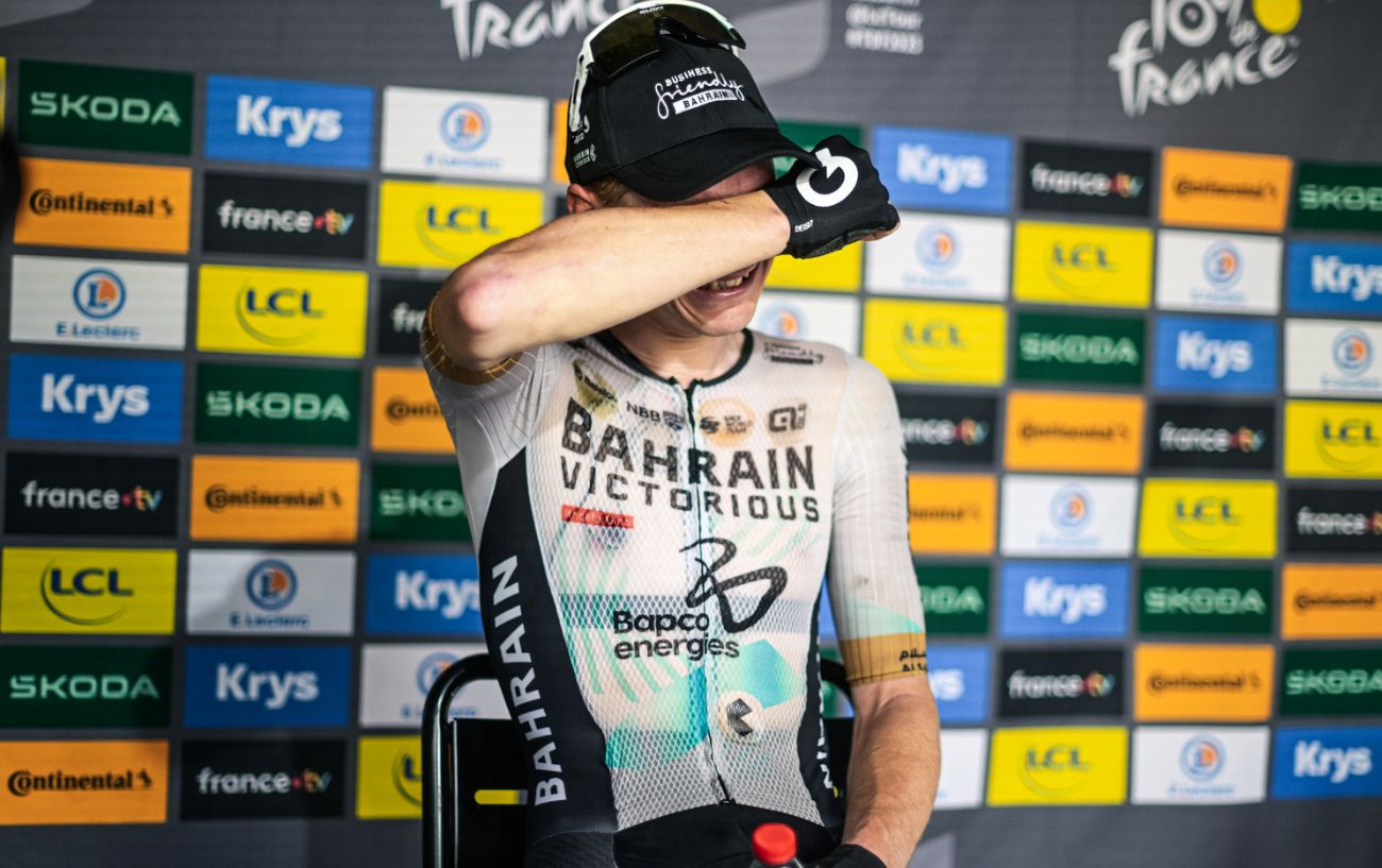 Matej Mohoric is emotional after winning Stage 19 of the 2023 Tour de France.