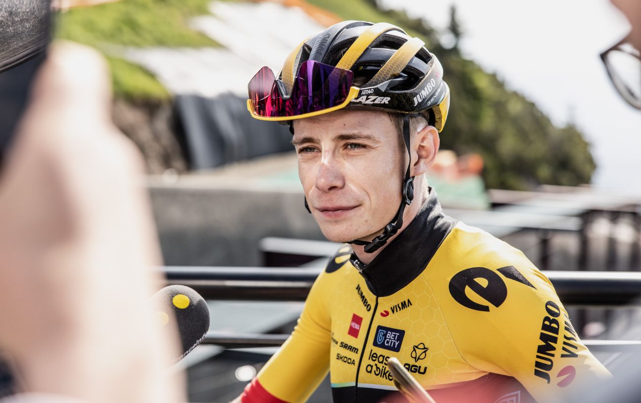 Jonas Vingegaard speaks to the press on a Tour de France Rest Day.