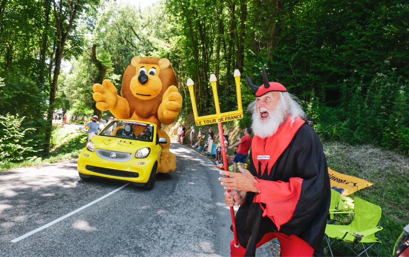 Didi the Devil waits at the side of the road for the Tour de France.
