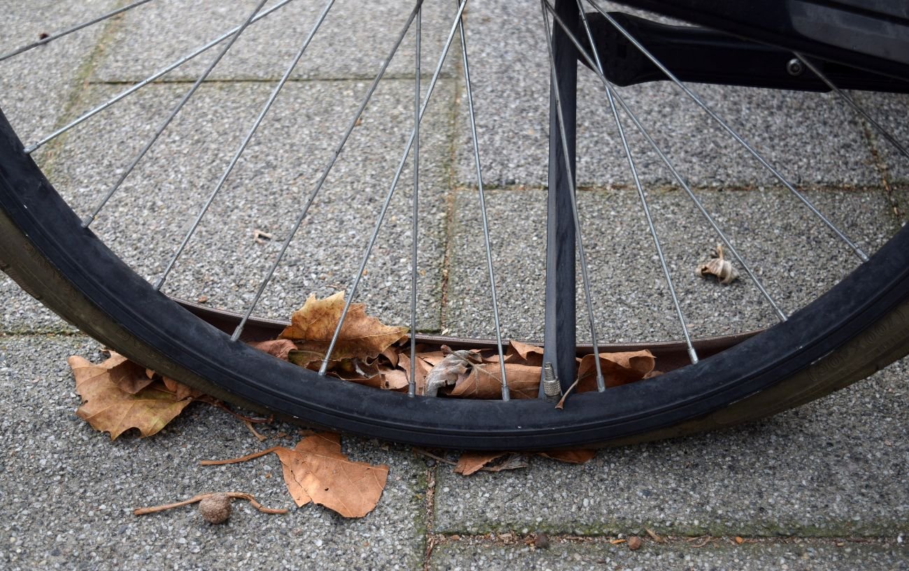 A worn out, flat tire sits on the pavement with autumnal leaves covering it. 