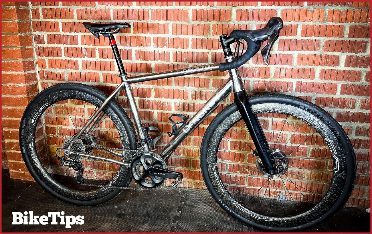 A Lynskey GR270 Gravel Bike with carbon fiber wheels.