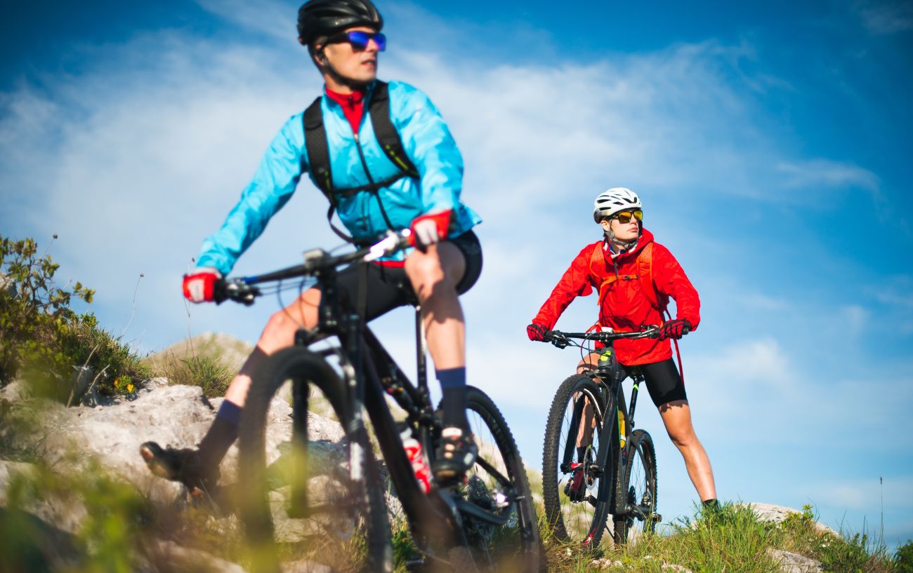 Two cyclists on mountain bikes pause to admire the view.