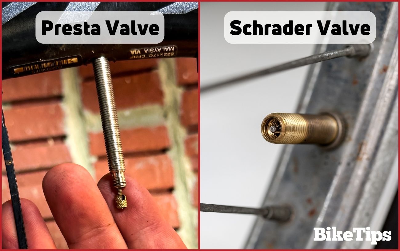 Graphic showing the difference between a Presta valve and a Schrader valve for a bike.