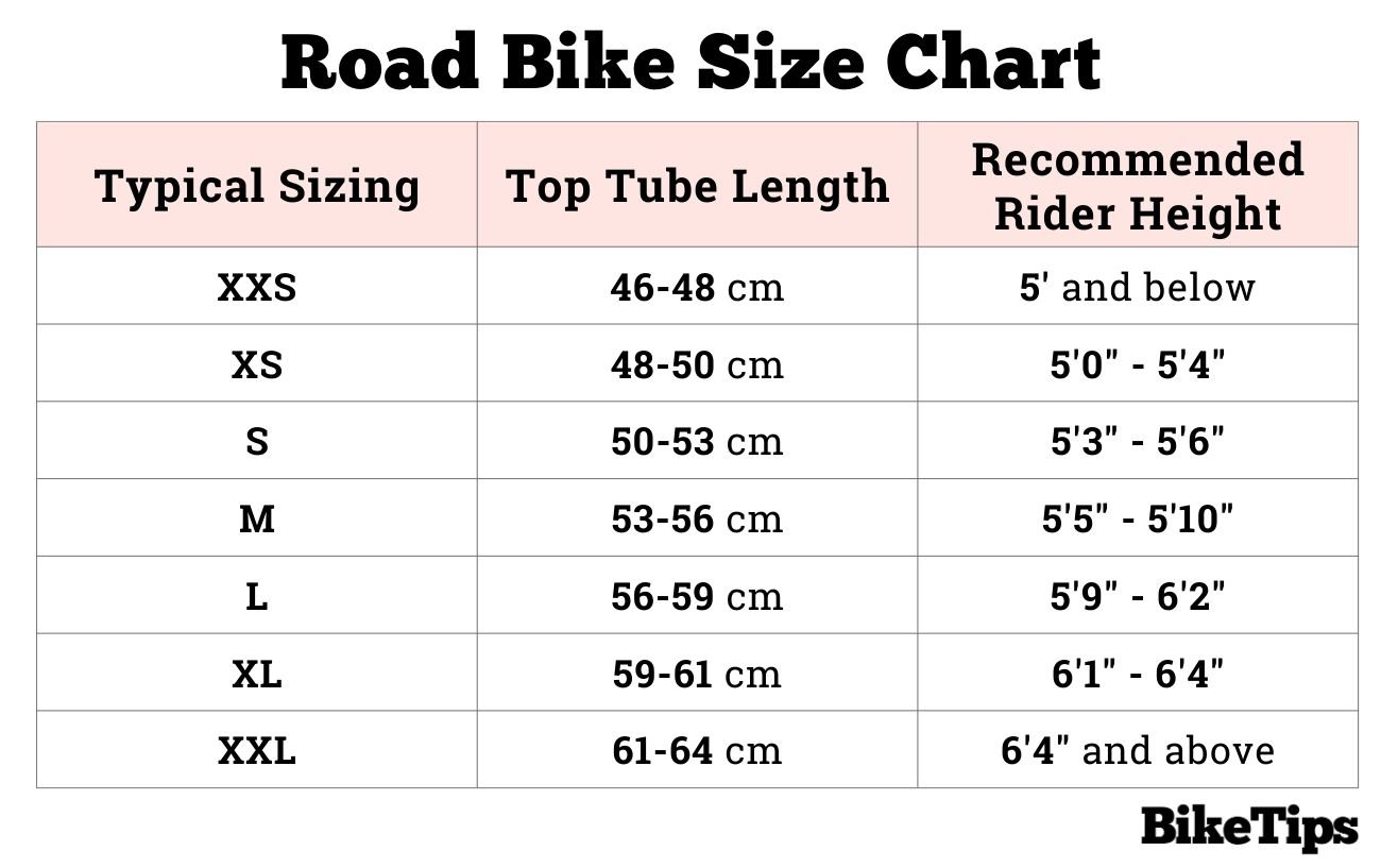 A road bike size chart showing typical measurements for road bike frame sizes as described by manufacturers.