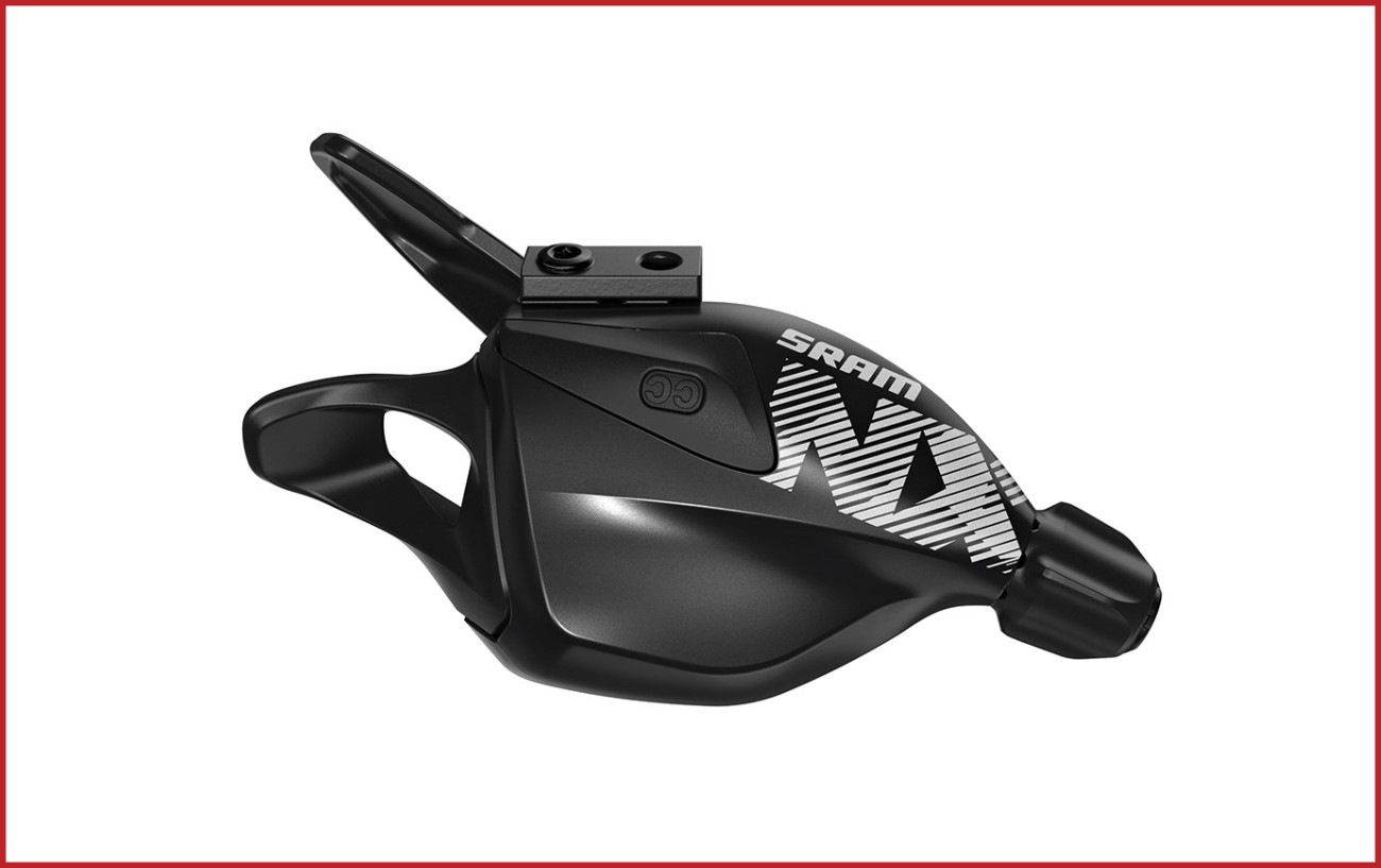 A black and grey SRAM NX mountain bike shifter.
