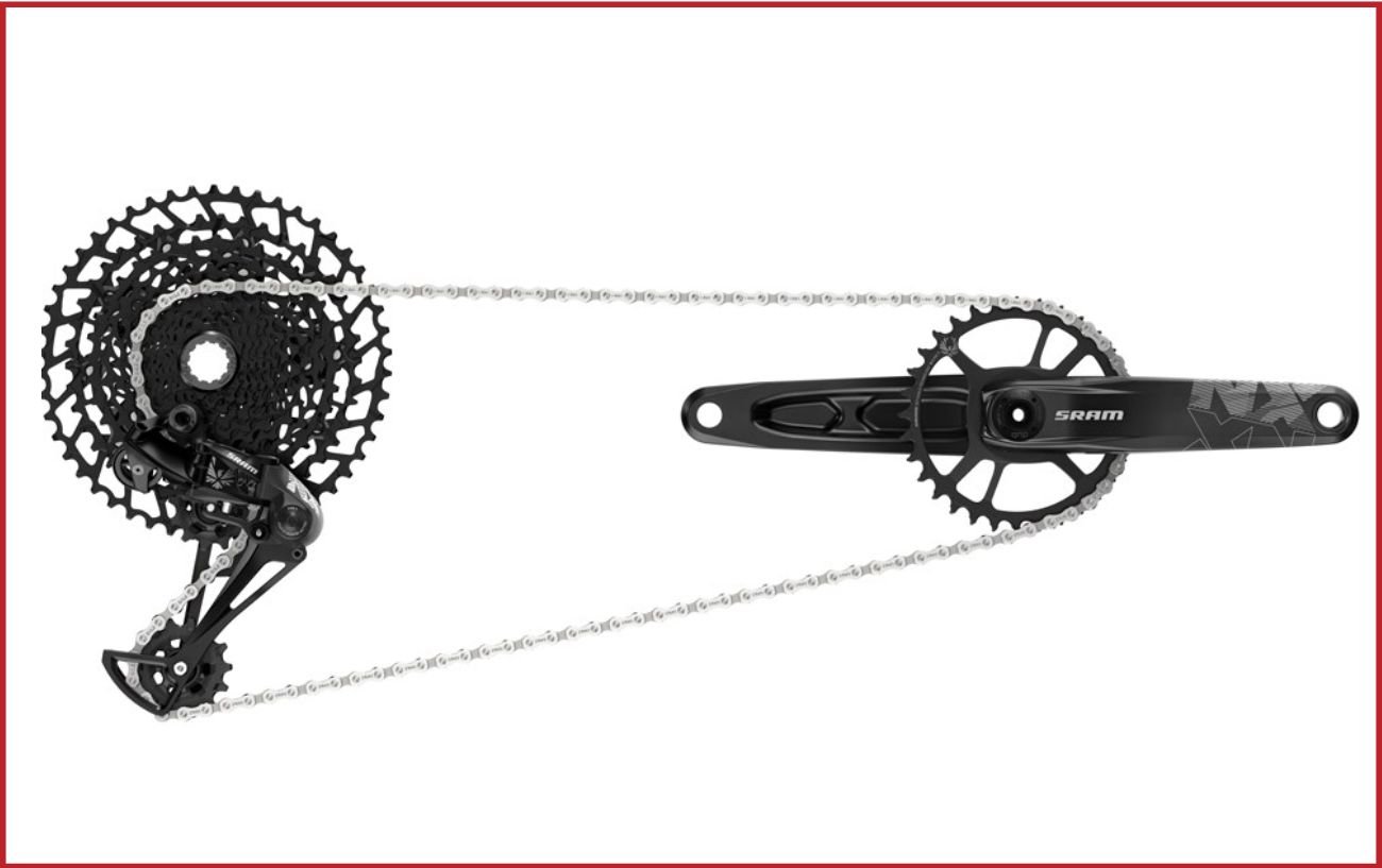 A SRAM NX mountain bike groupset on a white background.