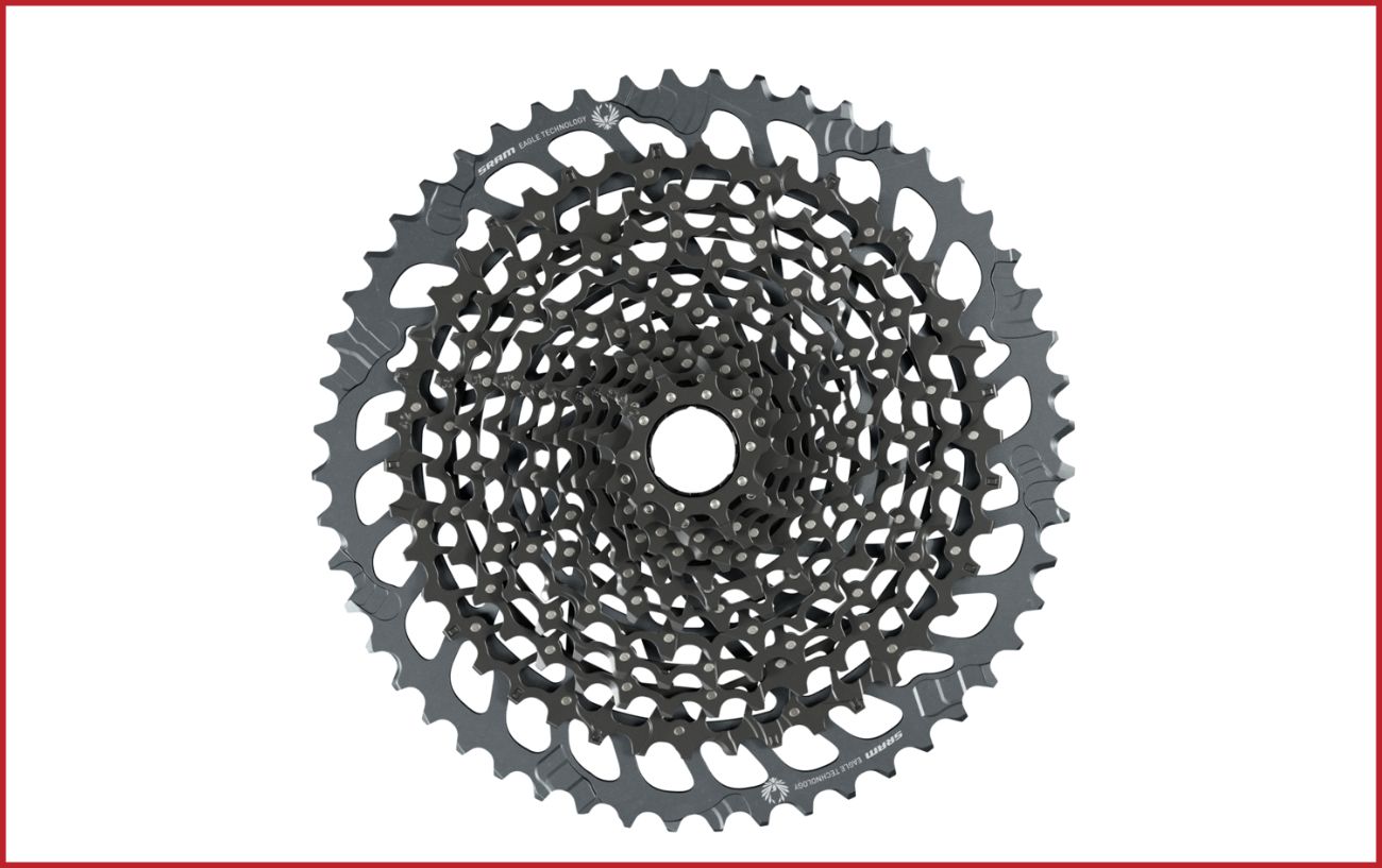 A black SRAM rear cassette with a large gear ratio.