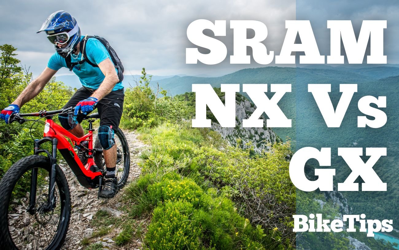 A mountain biker wearing a blue top on a red mountain bike rides down a trail. With the words SRAM NX Vs GX in the foreground.