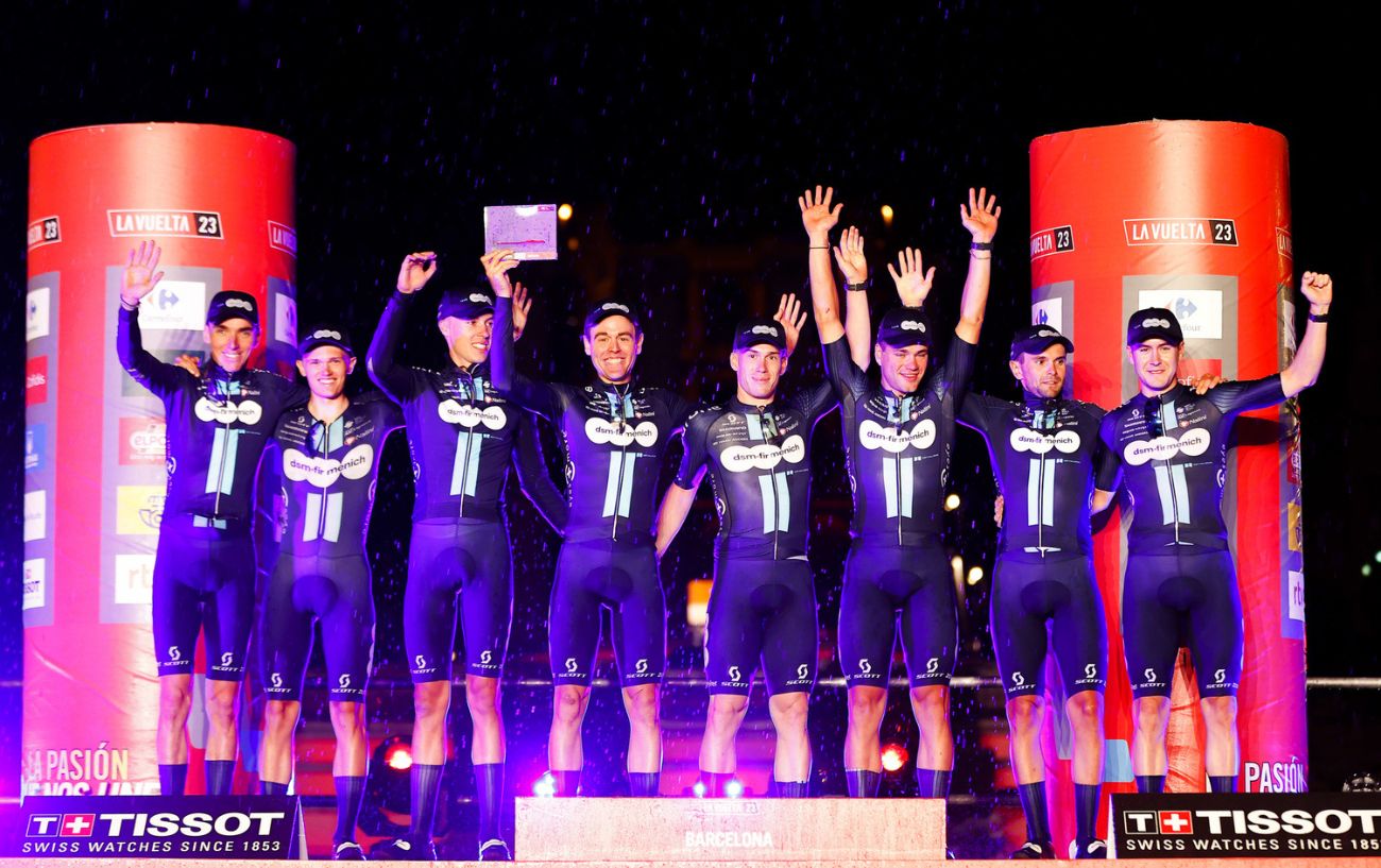 DSM-Firmenich celebrate their victory on Stage 1 of the Vuelta a España 2023.