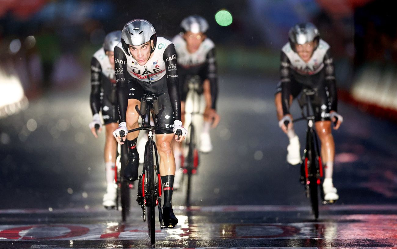 UAE Team Emirates cross the finish line in the Team Time Trial on Stage 1 of the Vuelta a España 2023.