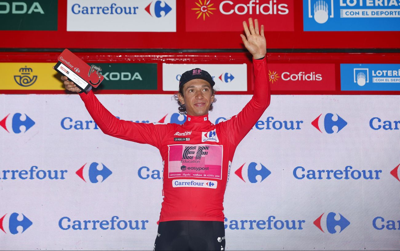 Andreas Piccolo wearing the red jersey of the Vuelta a Espana 2023 after Stage 2.