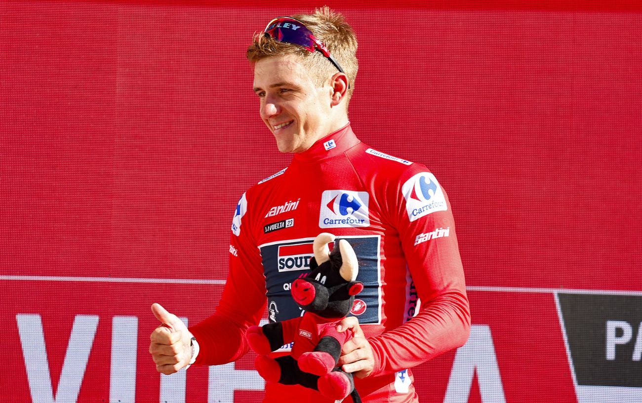 Remco Evenepoel wears the race leader's red jersey after Stage 4 of the 2023 Vuelta a Espana.