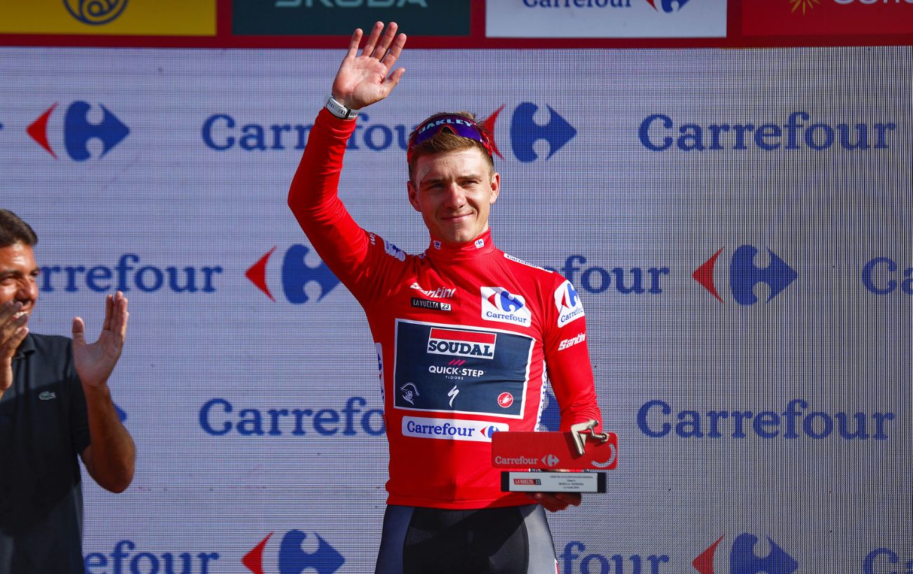 Remco Evenepoel wears the red jersey after Stage 5 of the Vuelta a España 2023.