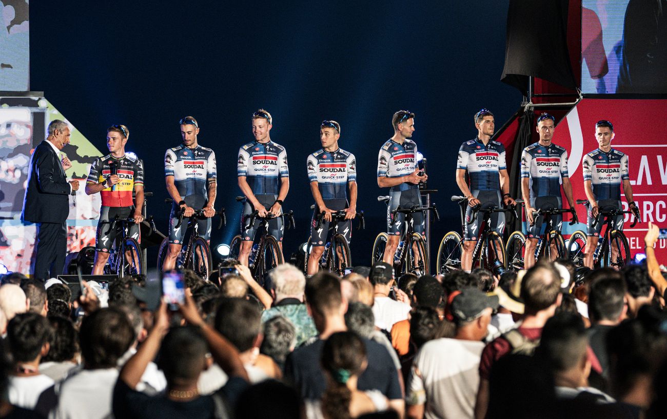 Soudal-QuickStep at the 2023 Vuelta a Espana team presentation.