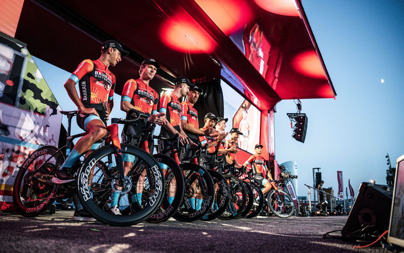 Bahrain Victorious at the 2023 Vuelta a Espana team presentation.