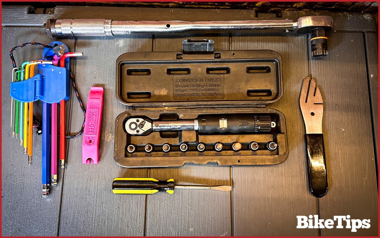 Tools that are used to work on bike disc brakes. Allen keys, tire lever, torx, disc tool, screwdriver, and lockring tool.
