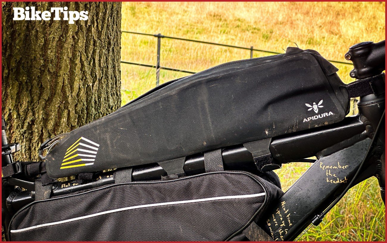 An Apidura top tube bag on a bikepacking mountain bike.
