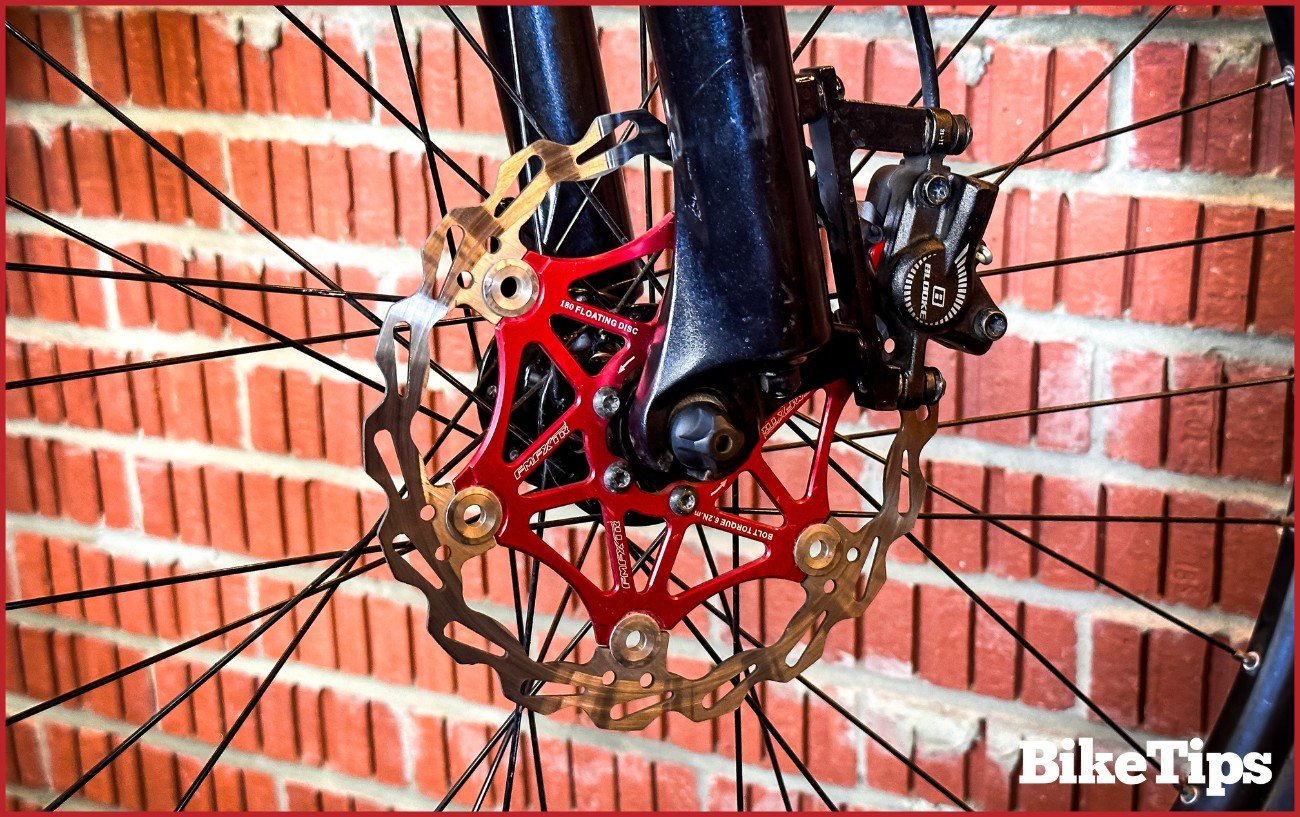 A hydraulic disc brake on a mountain bike.