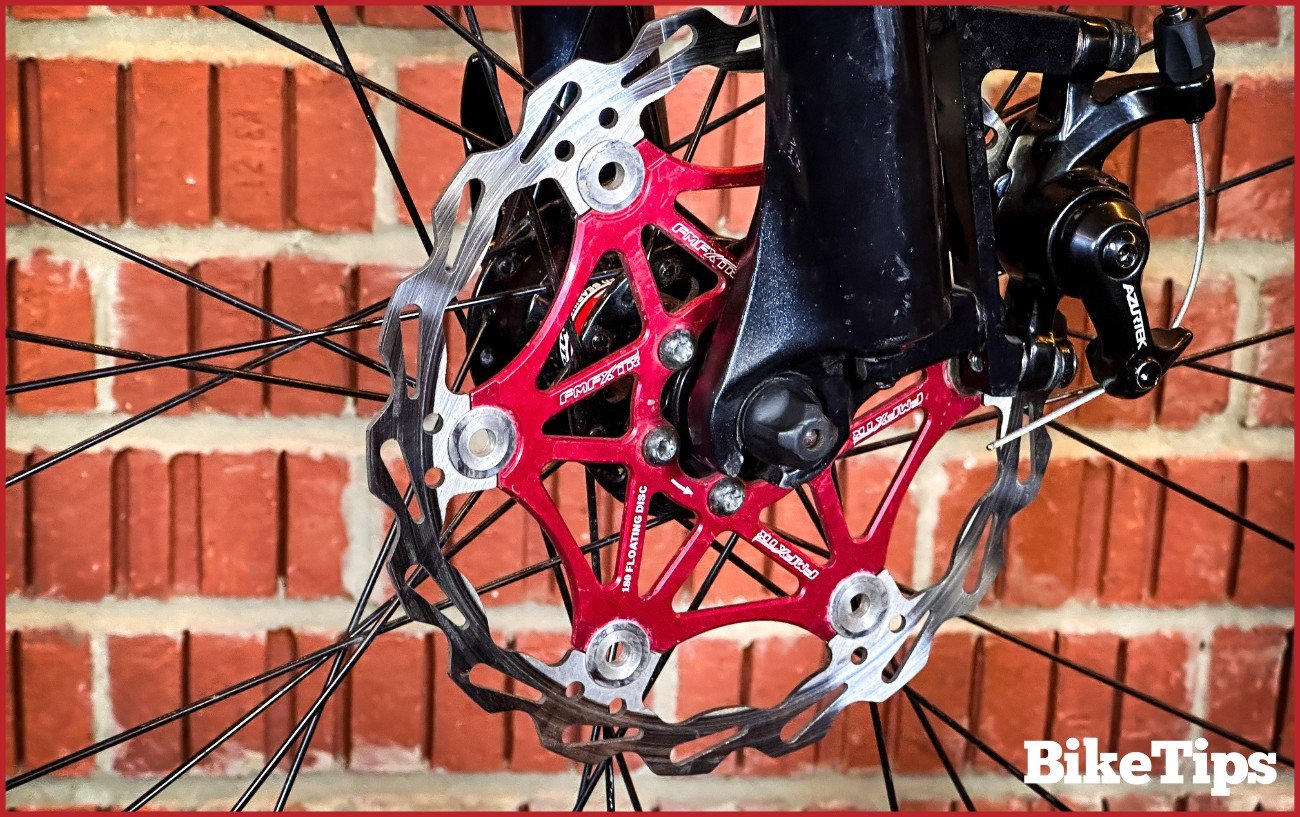 A mechanical disc brake on a mountain bike.